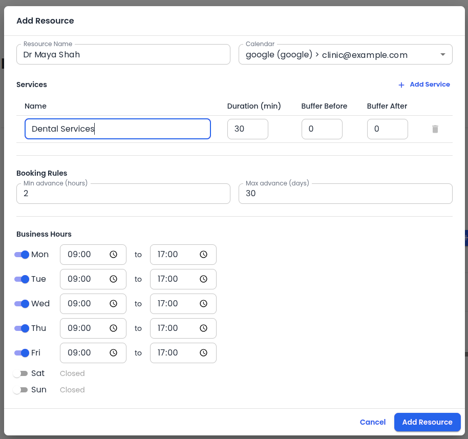 Configure AI booking rules per resource: service name, duration, buffers, min advance hours, max advance days, business hours
